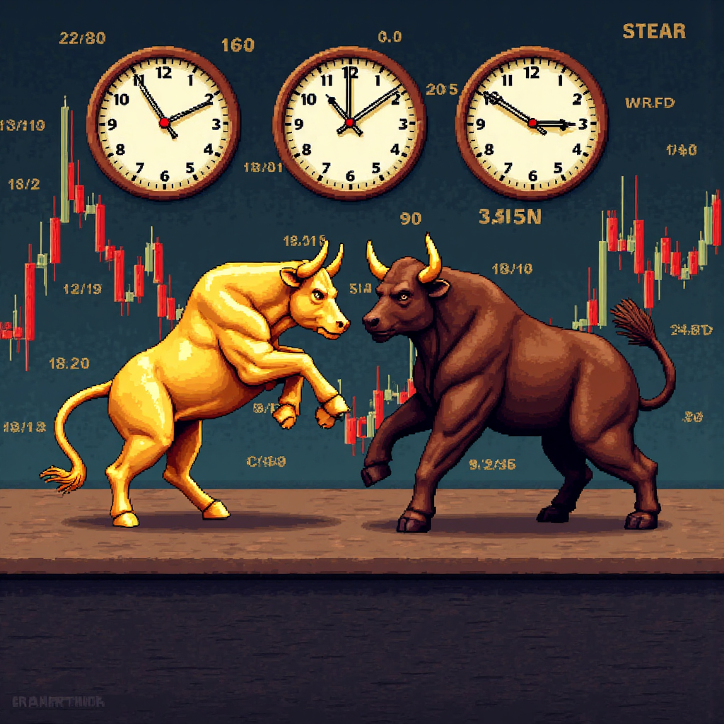 Stylized illustration of a golden bull and bear fighting over a market chart with a backdrop of world clocks indicating trading hours overlap