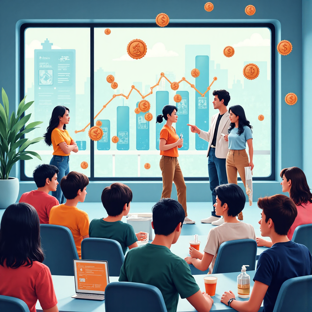 An illustration of a diverse group of Thai people looking at a digital stock market graph with floating currency symbols and a guiding hand pointing towards a secure brokerage icon in a bright optimistic atmosphere