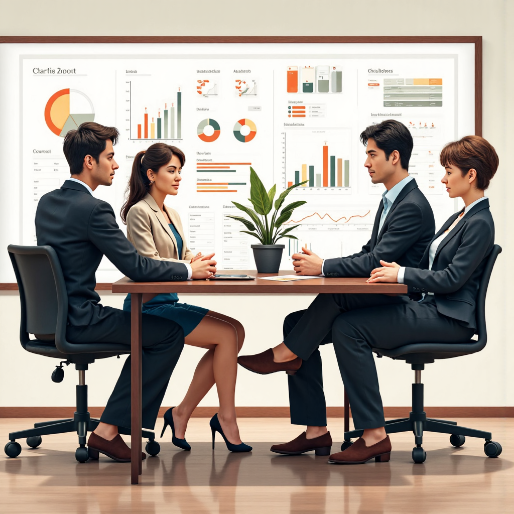 A detailed illustration of Thai entrepreneurs and investors in a collaborative meeting discussing financial strategies with charts showcasing diversified investment portfolios and risk management tools against a backdrop of subtle global economic indicators