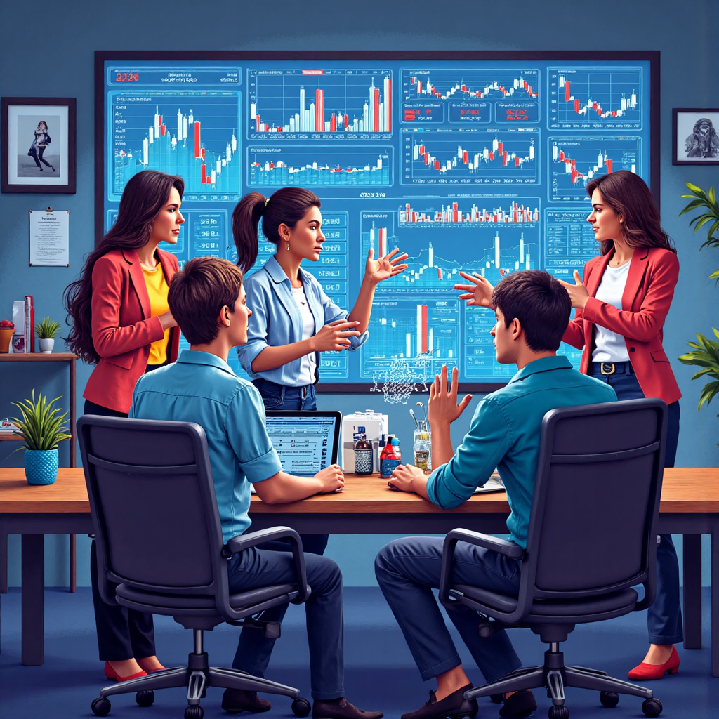 an energetic illustration depicting diverse traders of different ages and backgrounds collaborating around a holographic stock market display showcasing dynamic indicator analysis and growth charts