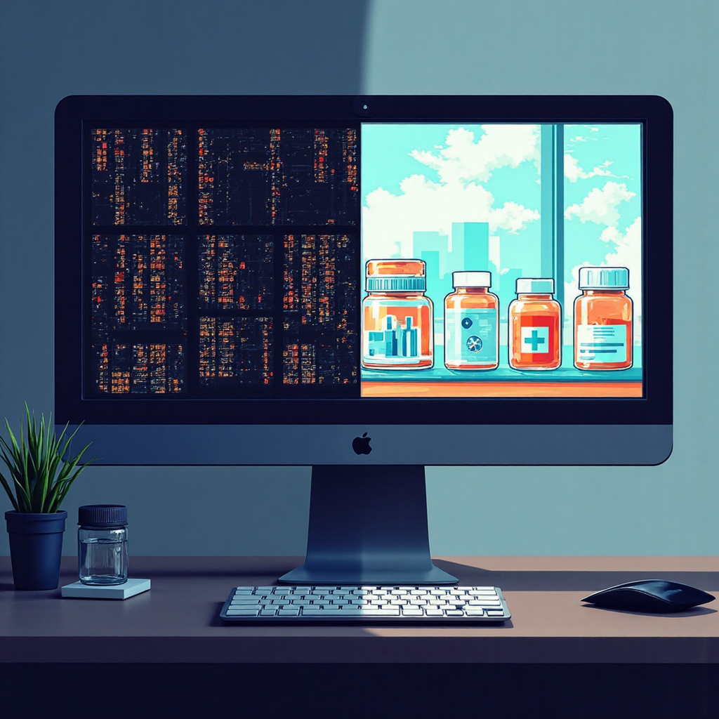 ภาพประกอบแนวคิดที่แสดงถึงความหลากหลายของตลาด OTC โดยแบ่งหน้าจอเป็นสองส่วน ด้านหนึ่งมีสัญลักษณ์ทางการเงินนามธรรมและโหนดเรืองแสงบนพื้นหลังมืด อีกด้านเป็นภาพขวดยาและสัญลักษณ์ร้านขายยาที่สว่างสดใสด้วยแสงธรรมชาติ