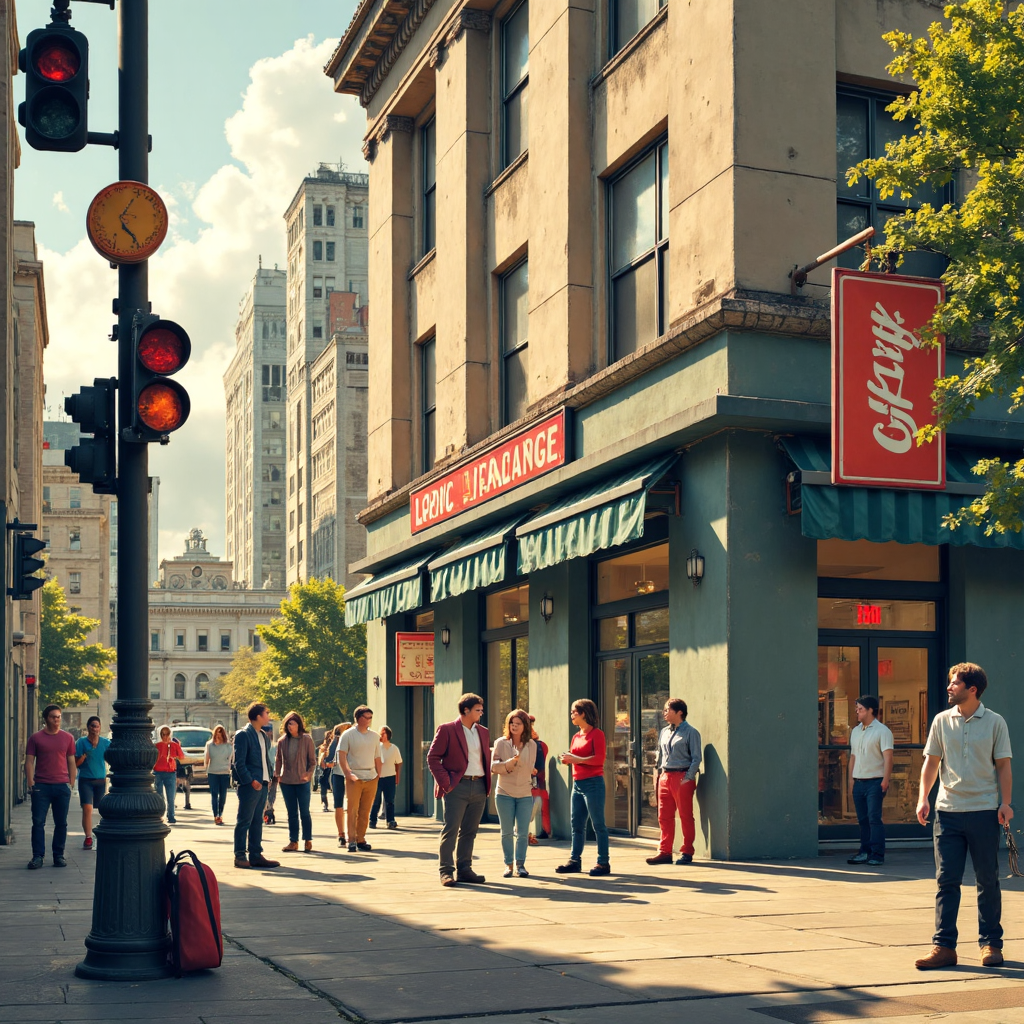 ภาพประกอบฉากการทำธุรกรรมทางการเงินนอกตึกตลาดหลักทรัพย์แบบดั้งเดิม โดยมีบุคคลหลากหลายกำลังสนทนาและแลกเปลี่ยนสกุลเงินดิจิทัลกับสินทรัพย์แบบดั้งเดิม ด้วยแสงอุ่นนุ่มนวลและบรรยากาศที่คึกคักแต่ควบคุมได้