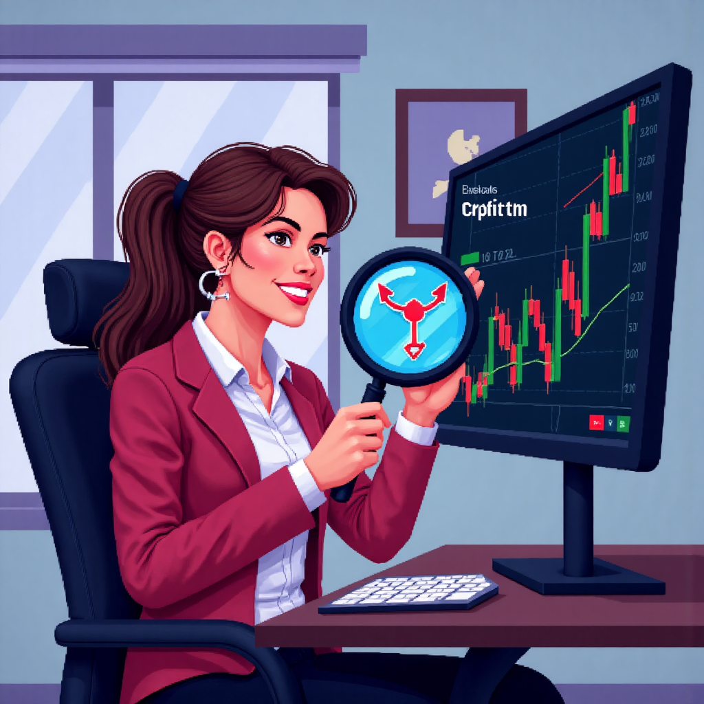 a stylized depiction of a trader analyzing a stock chart showing a double top pattern with a magnifying glass symbolizing careful analysis and a confident expression in a vibrant yet professional color palette
