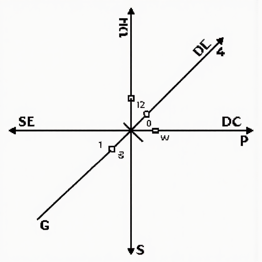 stylized diagram showing supply and demand curves intersecting at a central point representing economic equilibrium price and quantity