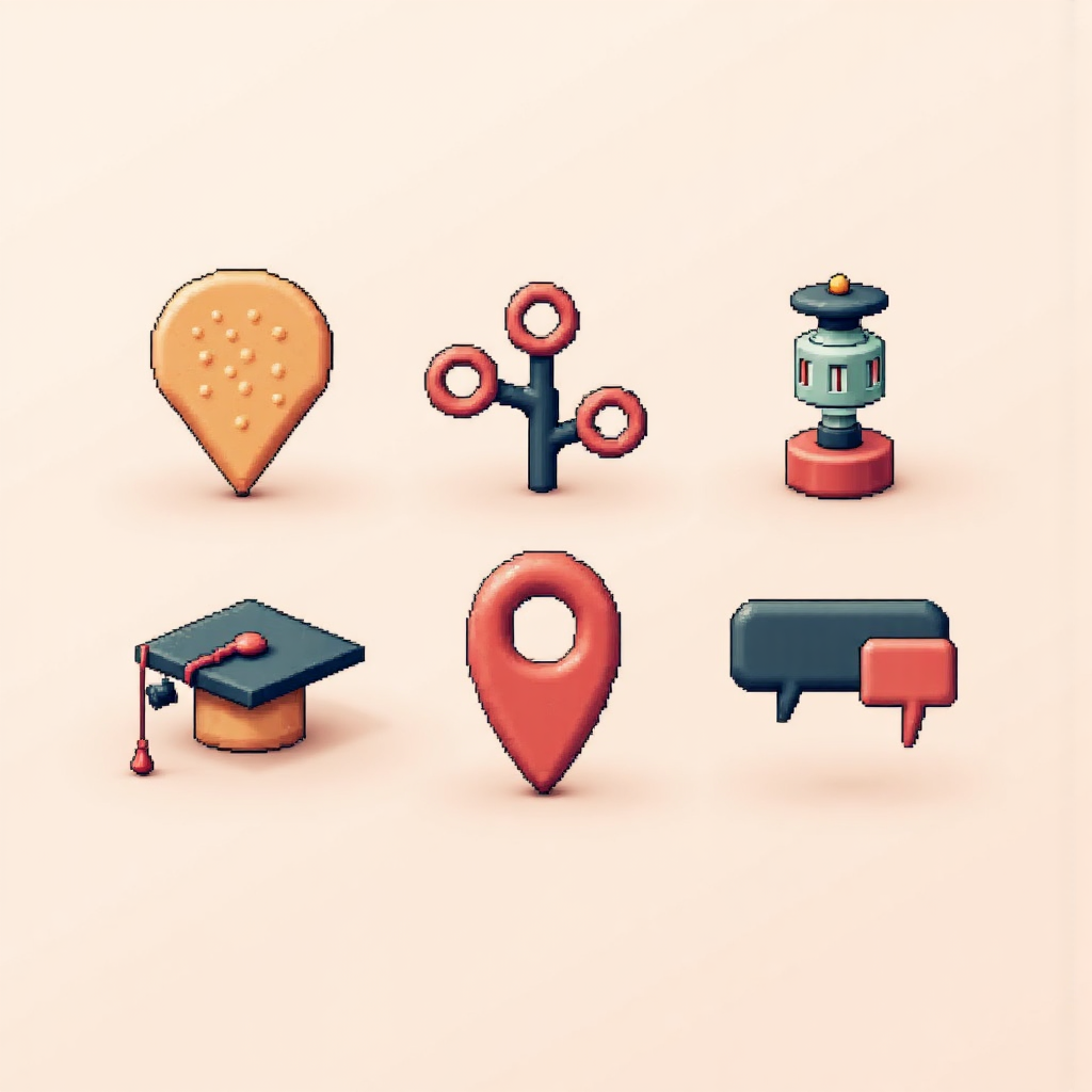 An illustration depicting various symbols representing different positions like a map pin a graduation cap and a dialogue bubble against a soft gradient background in a clean vector art style