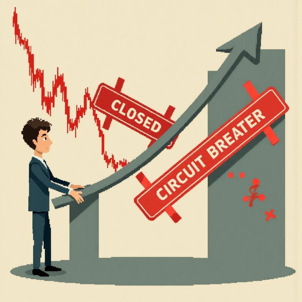 ภาพประกอบสไตล์ไพเซลอาร์ตของกราฟตลาดหุ้นที่ลดลงอย่างรวดเร็ว สร้างสัญญาณ Circuit Breaker สีแดงขนาดใหญ่ปิดตลาด พร้อมนักลงทุนที่กังวลมองดูในโทนสีอ่อน