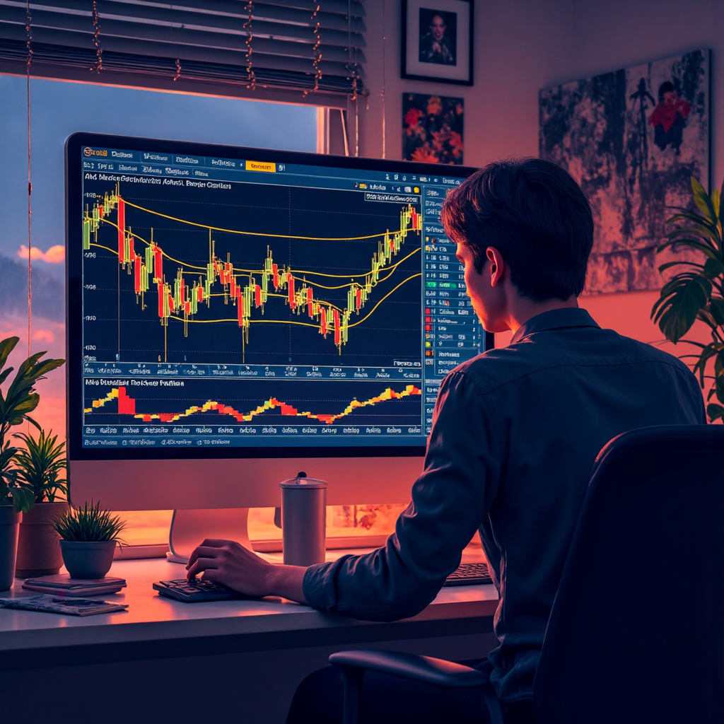 illustration of a trader analyzing a complex chart with golden Fibonacci lines forming distinct harmonic patterns on a vibrant trading screen with glowing currency symbols glowing softly with ambient light and detailed background elements
