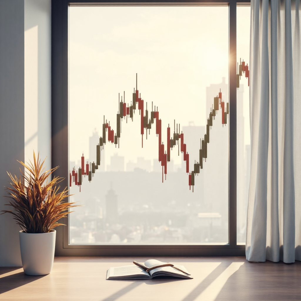 ภาพประกอบกราฟหุ้นที่แสดงรูปแบบ M ชัดเจน ด้วยยอดสองจุดเด่นและจุดต่ำสุดตรงกลาง สร้างบรรยากาศกลางๆ ด้วยแสงเช้าอ่อนๆ