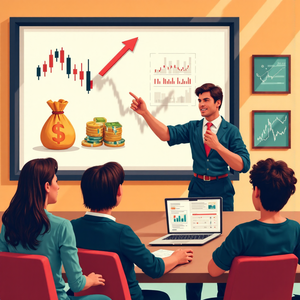 illustration of a diverse group of people learning forex trading with a teacher pointing at a simplified chart on a screen showing upward trends and money bags on a bright and encouraging background
