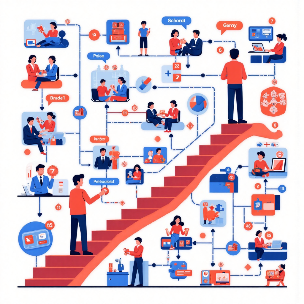 A vibrant illustration showing a person navigating a complex flowchart representing career paths and job positions with elements of growth and opportunity in a modern flat design style
