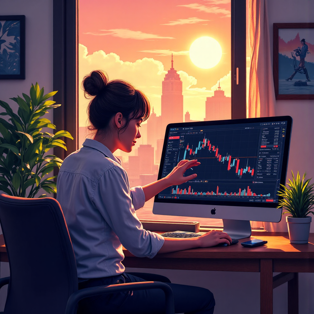 illustration of a Thai trader confidently executing a trade on a laptop screen surrounded by financial charts and indicators with a warm sunrise in the background symbolizing new opportunities and profitable trading
