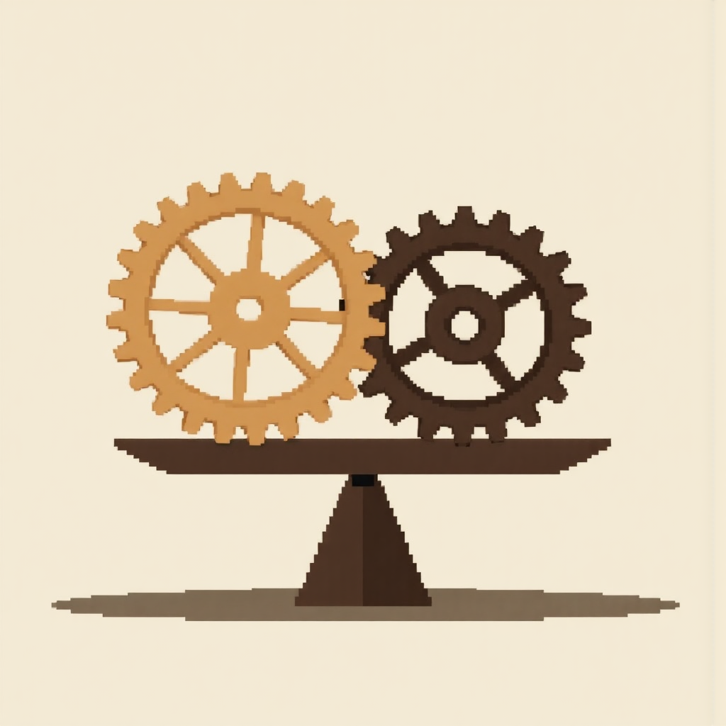 illustrative graphic of interconnected gears perfectly balanced symbolizing economic equilibrium and stability in muted earth tones