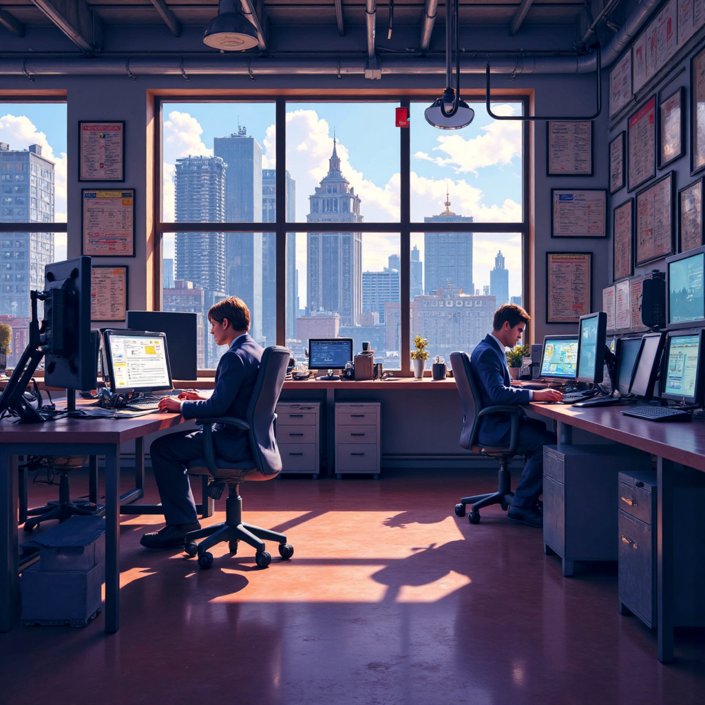 ภาพประกอบพื้นเทรดที่คึกคักในเช้าวันจันทร์ นักเทรดจ้องหน้าจอด้วยความเร่งรีบ สื่อถึงกิจกรรมตลาด Forex ที่มีพลัง