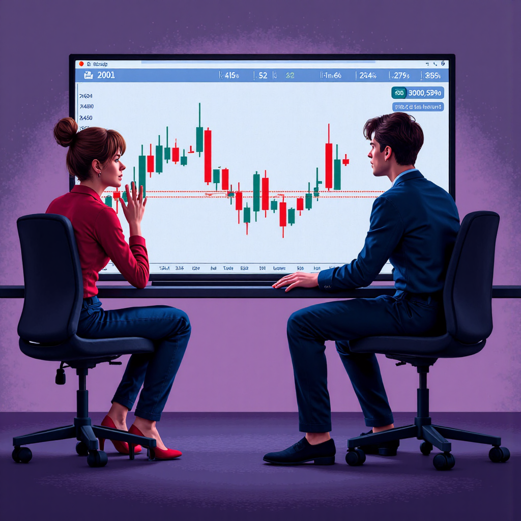 ภาพประกอบสไตล์ไพเซลอาร์ตของนักเทรดที่กำลังสังเกตการณ์รูปแบบกลับตัวขาลงบนหน้าจอใหญ่ สร้างความรู้สึกระมัดระวังและวิเคราะห์ ด้วยสีสันสดใสแต่ดูเป็นมืออาชีพ พร้อมพื้นหลังที่บ่งบอกถึงราคาที่กำลังร่วงลง