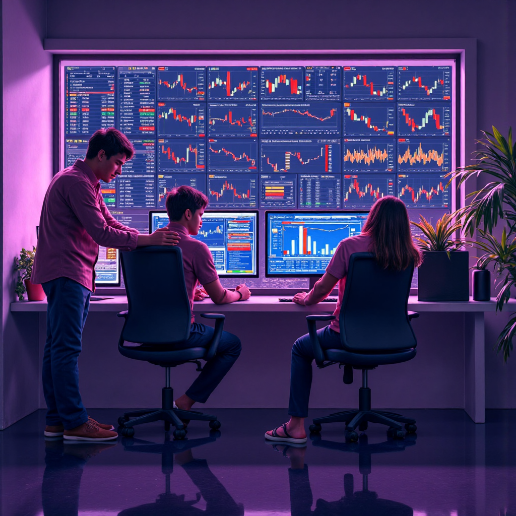 ภาพประกอบของกลุ่มนักเทรดชาวไทยหลากหลายที่กำลังร่วมมือกันรอบเทอร์มินัลการซื้อขายสมัยใหม่ที่แสดงกราฟตลาดที่เคลื่อนไหว สีสันสดใส แสงนุ่มนวล