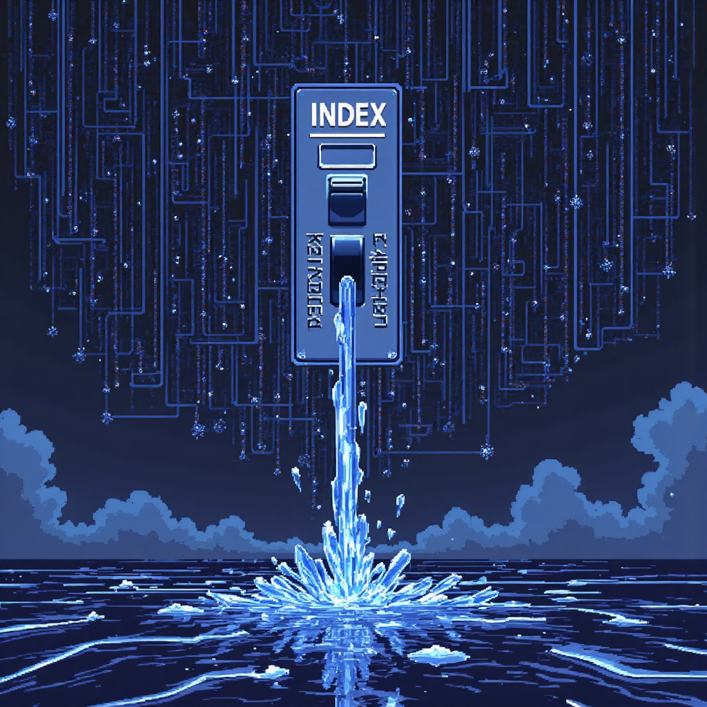 ภาพนามธรรมสไตล์ไพเซลอาร์ตของสวิตช์ Circuit Breaker ดิจิทัลติดป้าย SET Index ที่ถูกดึงลงหยุดการซื้อขายอิเล็กทรอนิกส์ ไหลข้อมูลหยุดนิ่งในโทนสีน้ำเงินและเทาเข้ม
