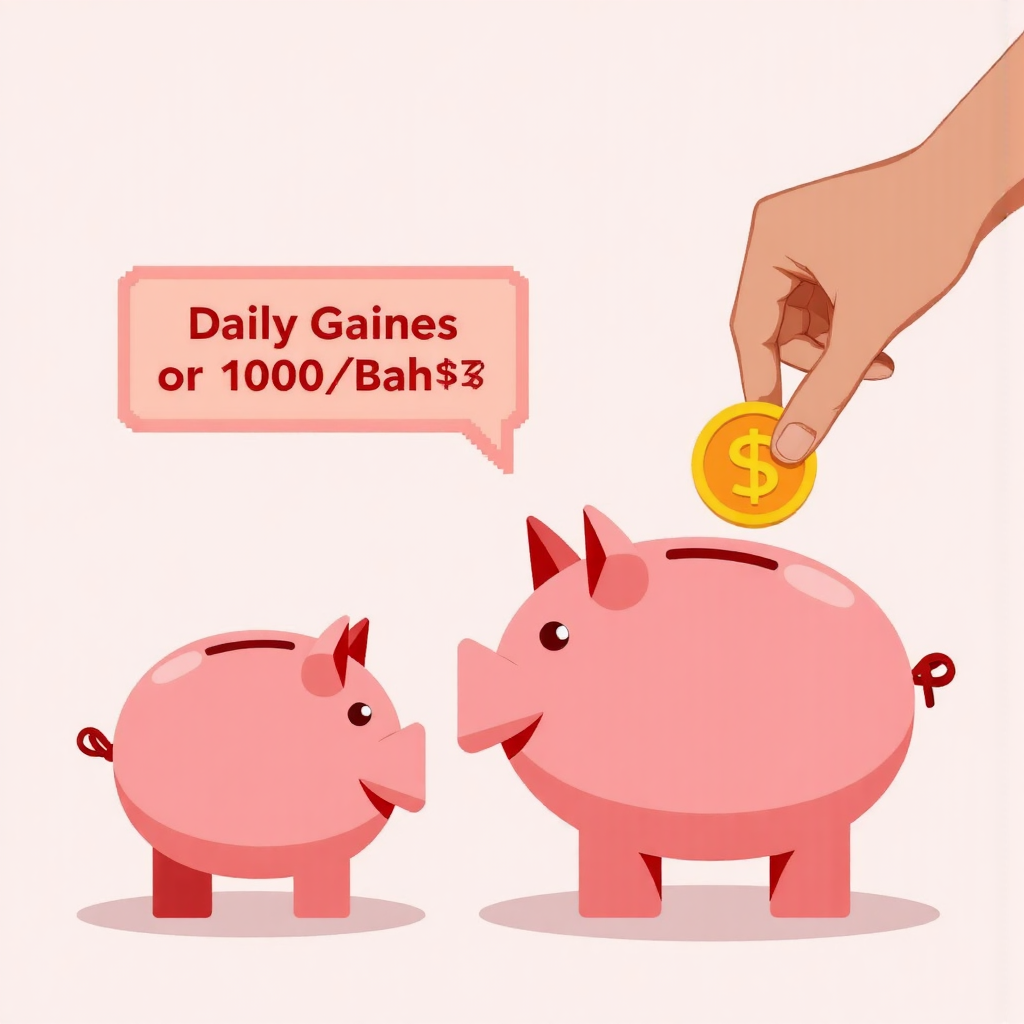 illustration of a hand placing a small coin into a piggy bank labeled 'Forex Trading' with a larger piggy bank in the background representing a daily gain of 1000 baht, soft pastel colors