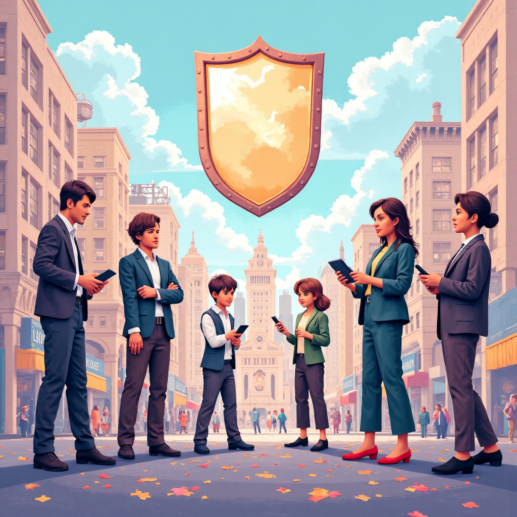 ภาพประกอบขี้เล่นสไตล์ไพเซลอาร์ตของนักลงทุนหลากหลายหยุดกิจกรรมซื้อขายหุ้นบนแท็บเล็ตและโทรศัพท์ ขณะที่โล่ป้องกันลอยลงมาปกคลุมย่านการเงินคึกคักในโทนพาสเทลอ่อน