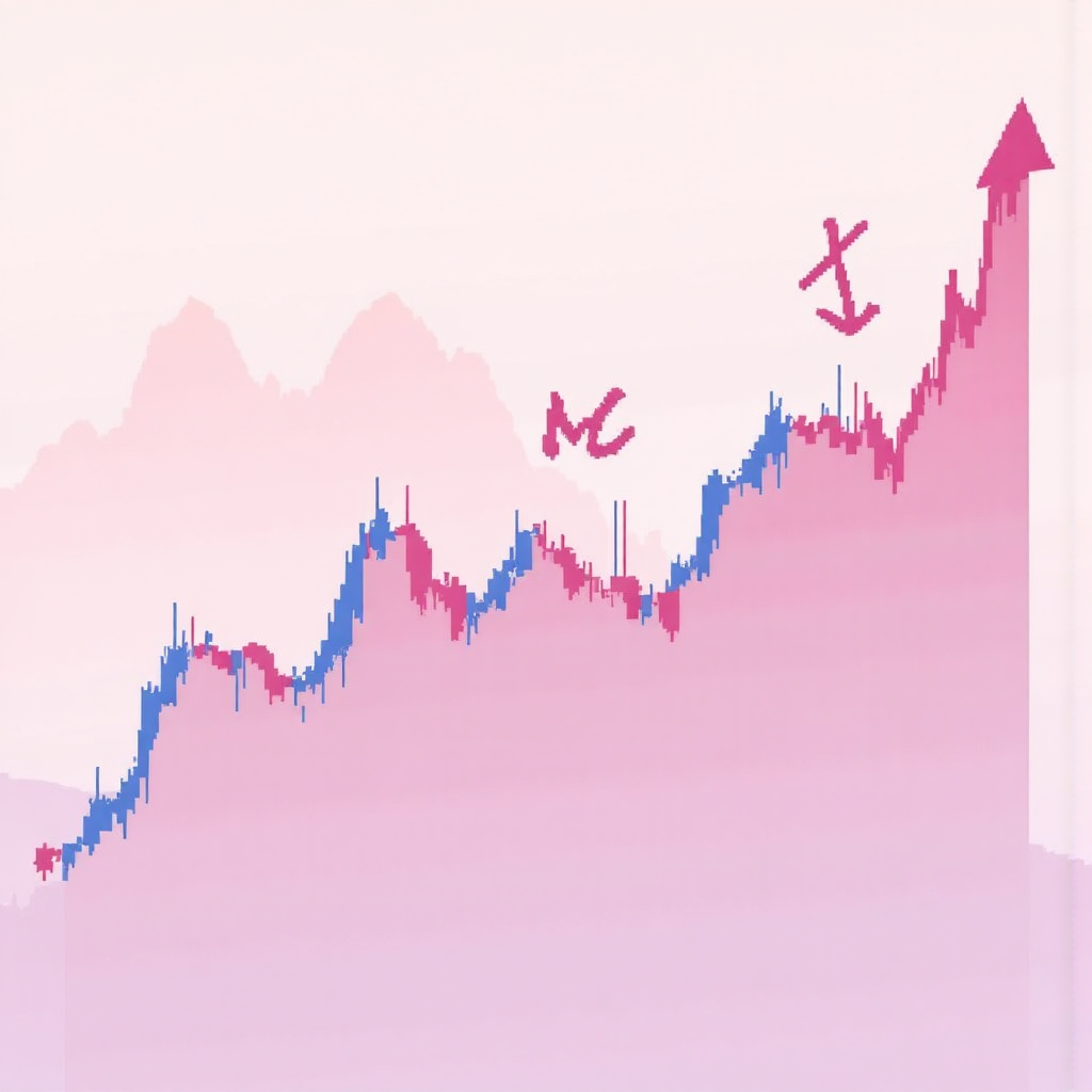 illustration of two distinct peaks mirroring the letter m on a stock market chart with a downward arrow signifying a bearish trend line in soft pastel colors with a gentle glow