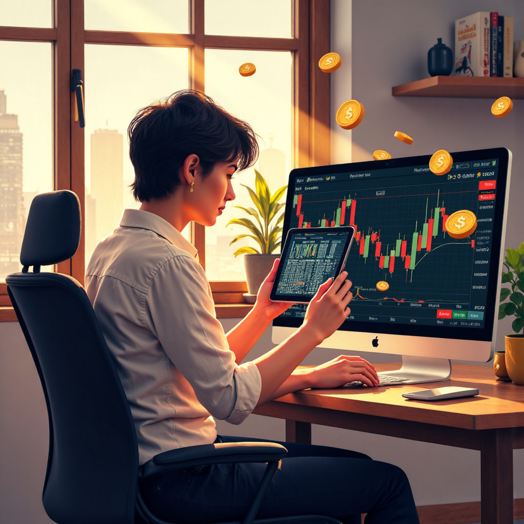 illustration of a thai trader looking at a tablet screen showing rising forex charts with coins and currency symbols floating around with soft golden light and a hopeful atmosphere