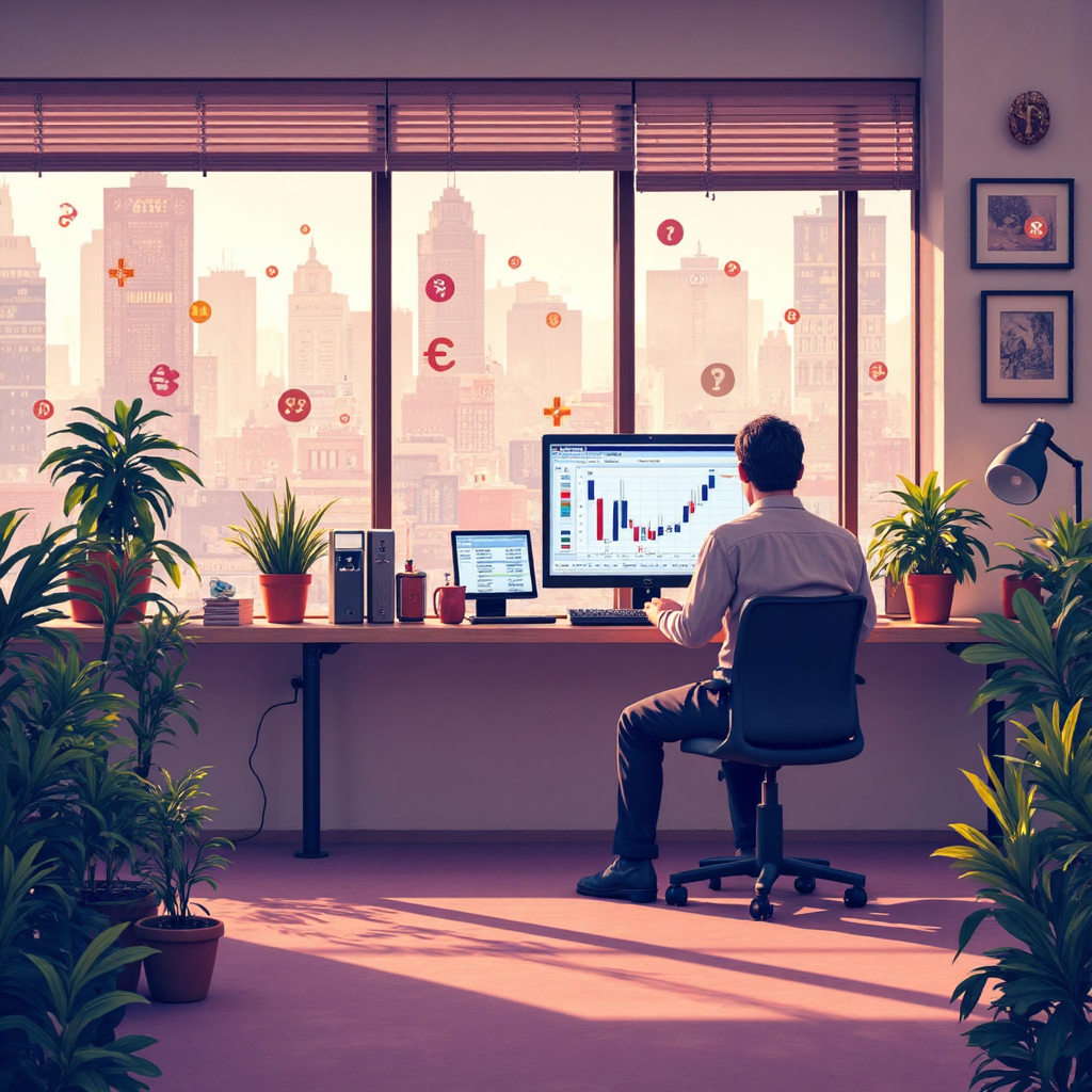 illustration of a bustling forex trading floor with diverse currency symbols floating in the air with a determined trader analyzing charts on a screen soft pastel color palette warm lighting